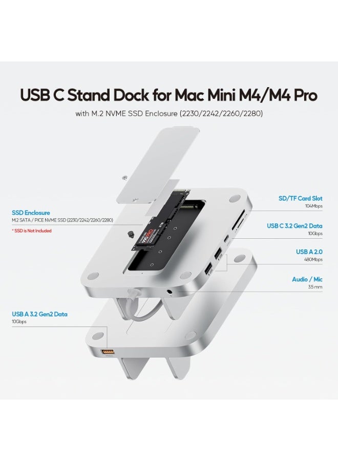 Mac mini M4 Dock with 4TB M.2 SSD Enclosure, 8-in-1 Aluminum Vertical USB-C Hub for Mac mini M4 Pro Hub Stand with USB-A/C 3.2 10Gbps, 2xUSB-A 2.0, 3.5mm Audio, SD/TF Slots (SSD NOT Included) - Image 2