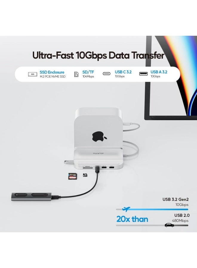 Mac mini M4 Dock with 4TB M.2 SSD Enclosure, 8-in-1 Aluminum Vertical USB-C Hub for Mac mini M4 Pro Hub Stand with USB-A/C 3.2 10Gbps, 2xUSB-A 2.0, 3.5mm Audio, SD/TF Slots (SSD NOT Included) - Image 3
