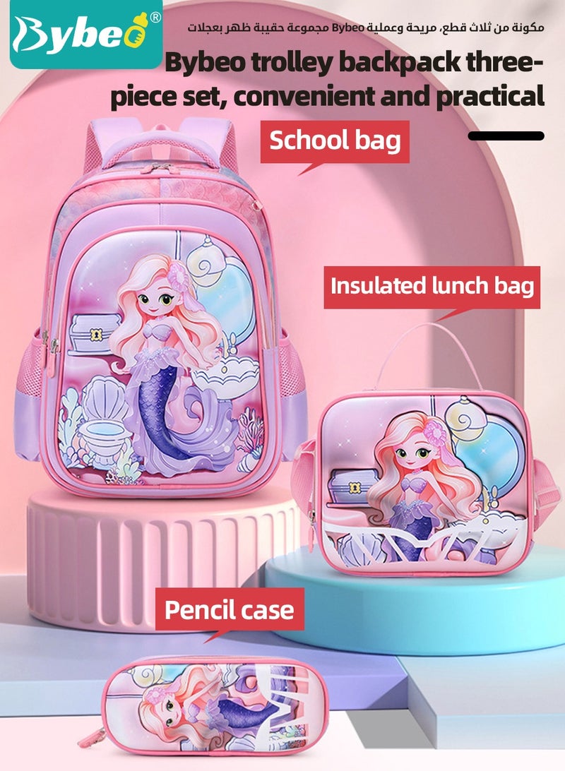 Bybeo 3PCS Children School Bag, Student Rolling Backpacks Set, Trolley School Bag + Lunch Bag + Pencil Case, Kids Backpack for Boys and Girls, Cute Cartoon Schoolbag, Lightweight Trolley Travel Bag with 6 Wheels Classic Roller - Image 3