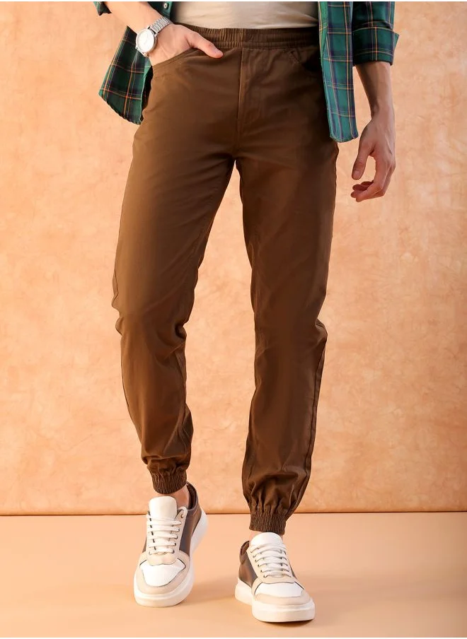 The Indian Garage Co Men Slim Fit Solid Mid-Rise Elasticated Linen Jogger Trouser