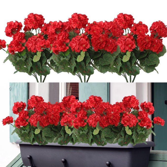 3 PACK ARTIFICIAL GERANIUM FLOWERS FOR OUTDOORS RED GERANIUM SILK FLOWERS OUTDOOR UV RESISTANT GARDEN PLANTS BUSH FAUX FLOWERS FOR HOME WEDDING KITCHEN TABLE CENTERPIECES DECORRED 3PACK
