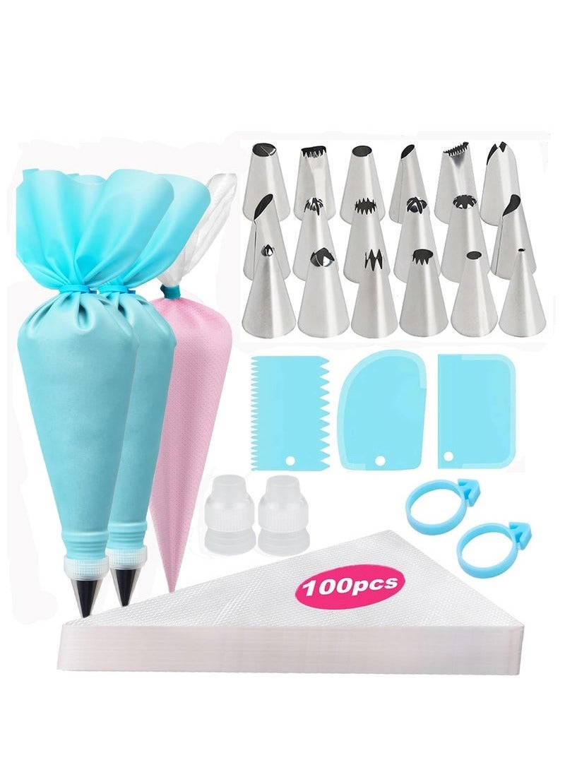 100 Piece 12 Inch Disposable Piping Bags and Tips Set, 12 Frosting Tips,2 Reusable Piping Bags, 2 Couplers, 2 Bag Ties & 3 Cake Scrapers, Cake Icing Kit - Image 1