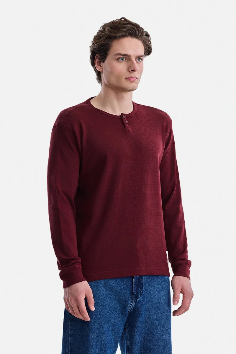SNITCH Burgundy Ribbed Long Sleeve Regular Fit T-Shirt