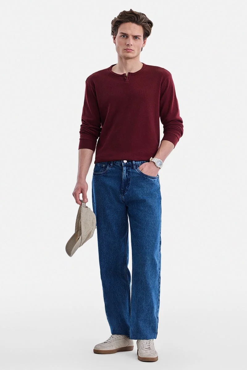 SNITCH Burgundy Ribbed Long Sleeve Regular Fit T-Shirt
