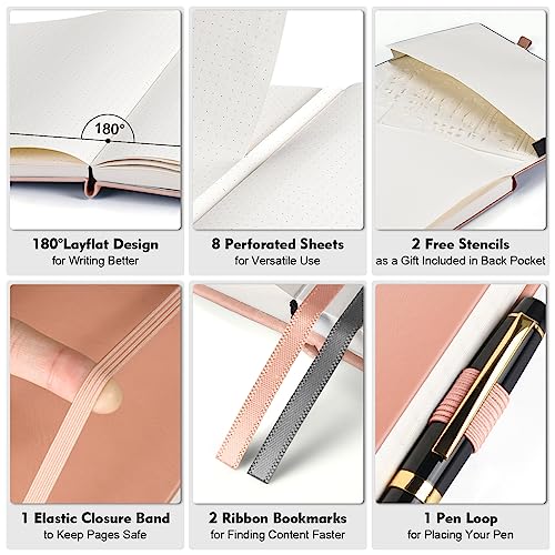 OFFIGIFT Bullet Dotted Journal Notebook, 312 Numbered Pages A5 Hardcover Leather Journal, 100gsm No Bleed Paper Dot Grid Notebook with Index Pages, Dot Journal for Women Men, 5.75" x 8.38", Pink - Image 2