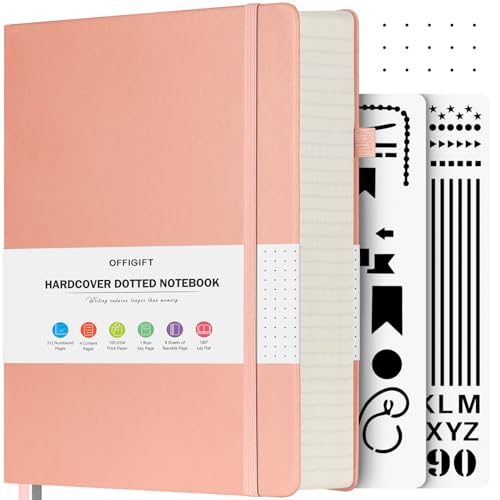 OFFIGIFT Bullet Dotted Journal Notebook, 312 Numbered Pages A5 Hardcover Leather Journal, 100gsm No Bleed Paper Dot Grid Notebook with Index Pages, Dot Journal for Women Men, 5.75" x 8.38", Pink - Image 1