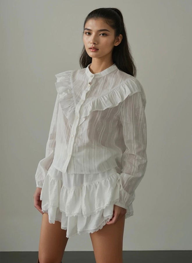 trendyol White Ruffle Detailed Transparent Short Cut/Crop Shirt - Image 3
