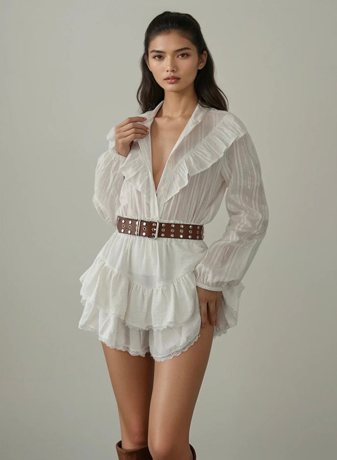 trendyol White Ruffle Detailed Transparent Short Cut/Crop Shirt - Image 1