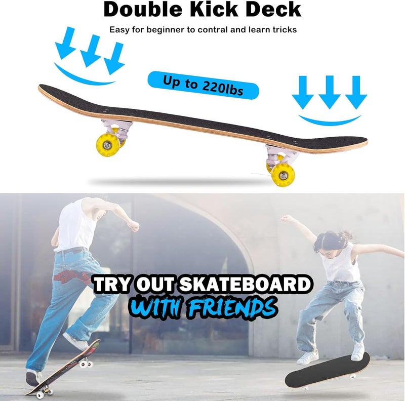 CLYCTIP Skateboard,31 x 8 Inch Complete Skateboard, 8-Layer Maple Wood Deck Double Kick Standard Skateboards for Kids, Teens, Adult, Beginner - Image 3
