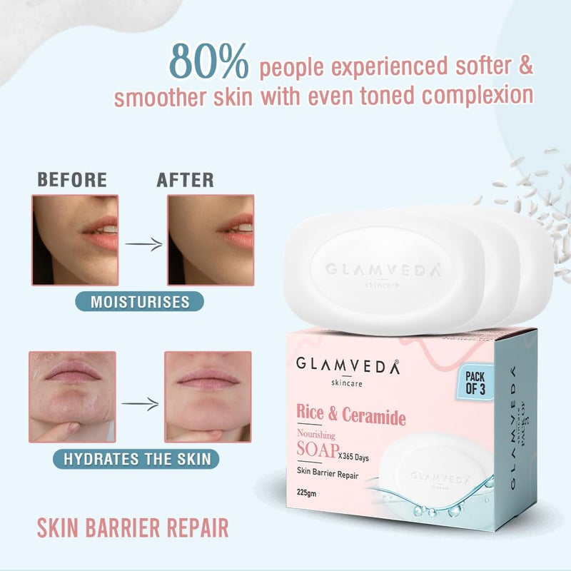 Glamveda صابون جلامفيدا بالأرز والسيراميد لتفتيح البشرة مع حمض الهيالورونيك | يغذي ويرطب بعمق | بشرة ناعمة وسلسة | صابون للرجال والنساء | 75 جرام (عبوة من 3) - Image 2
