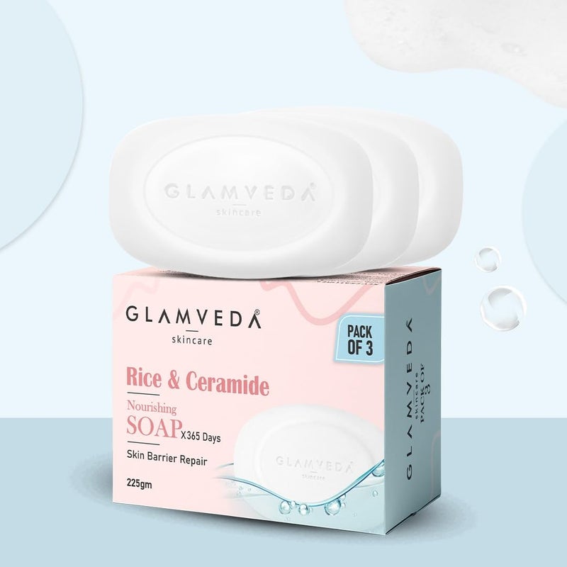 Glamveda صابون جلامفيدا بالأرز والسيراميد لتفتيح البشرة مع حمض الهيالورونيك | يغذي ويرطب بعمق | بشرة ناعمة وسلسة | صابون للرجال والنساء | 75 جرام (عبوة من 3) - Image 1