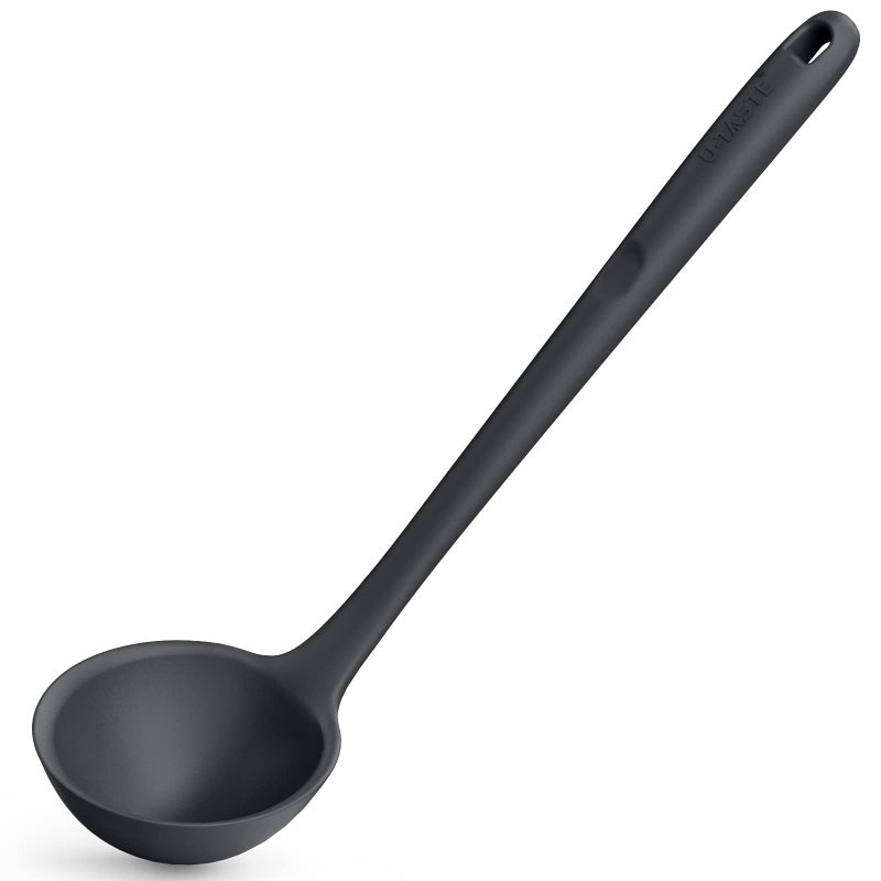 13 inch Silicone Soup Ladle UTaste 600F Heat Resistant 4 oz Large Nonstick Seamless Rubber Kitchen Deep Serving Spoon with Non Slip Solid Long Handle for Cooking SauceStewsGraviesChiliBlack