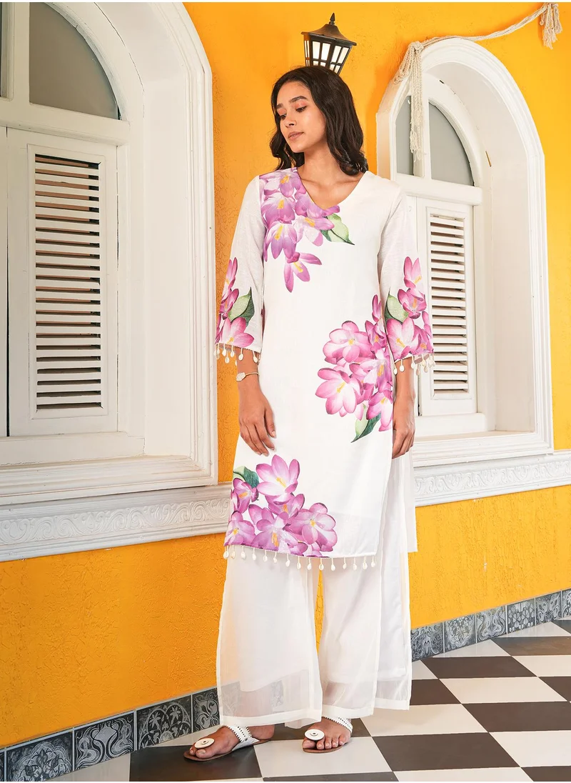 QISSA Women's Daisy White Whispering Botanics Kurta Set