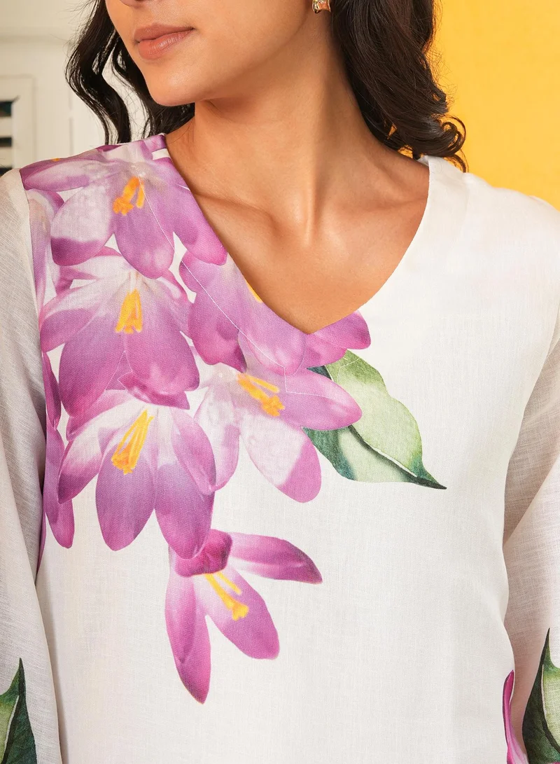 QISSA Women's Daisy White Whispering Botanics Kurta Set