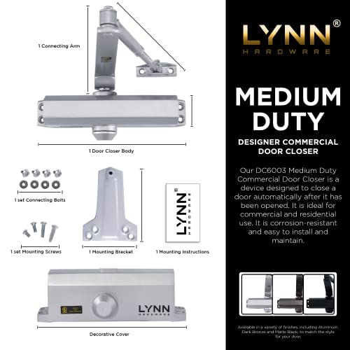LYNN HARDWARE Medium Duty Automatic Door Closer (Matte Black) - Highly Durable Cast Aluminum, Commercial or Home Use, Adjustable Speed Controls, 3 Mounting Options, 3 Hour Fire Rated (DC6003 Model) - Image 2