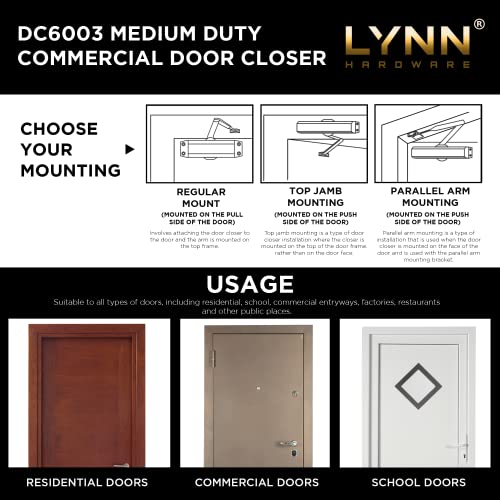 LYNN HARDWARE Medium Duty Automatic Door Closer (Matte Black) - Highly Durable Cast Aluminum, Commercial or Home Use, Adjustable Speed Controls, 3 Mounting Options, 3 Hour Fire Rated (DC6003 Model) - Image 3