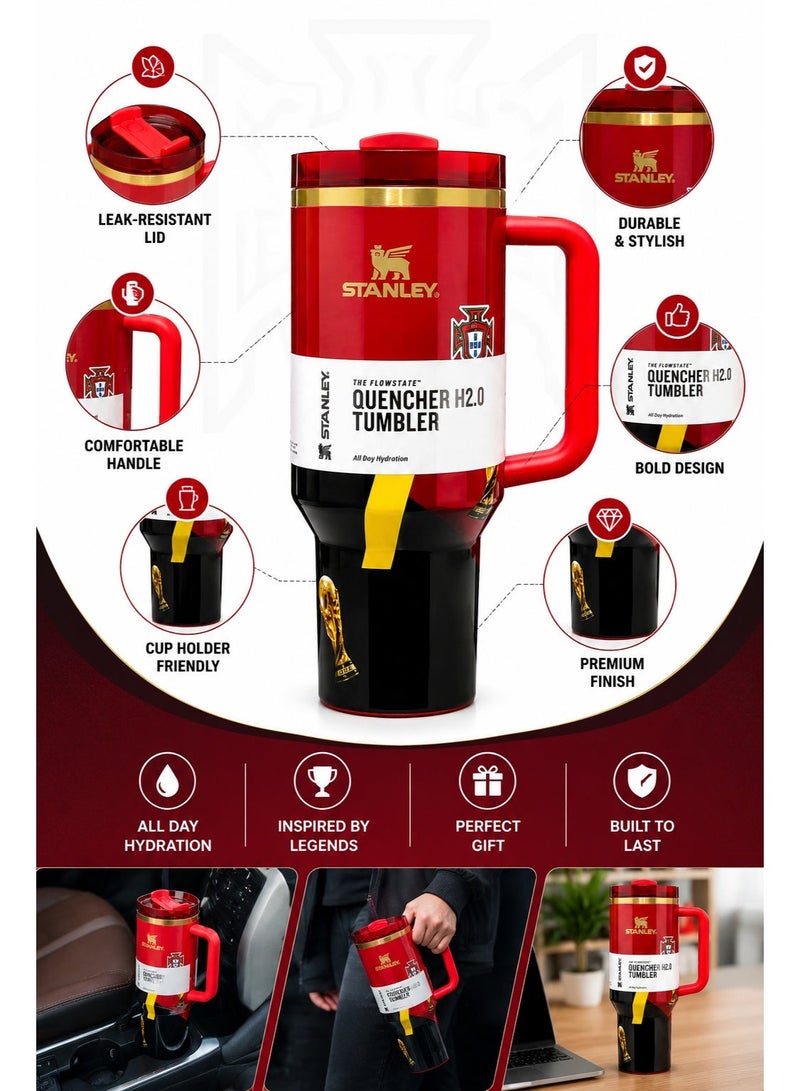 كوب Stanley Quencher H2.0 بتصميم كريستيانو رونالدو (CR7) والبرتغال - كوب سفر معزول من الفولاذ المقاوم للصدأ مزود بمقبض وماصة للمشروبات الساخنة والباردة. - Image 2