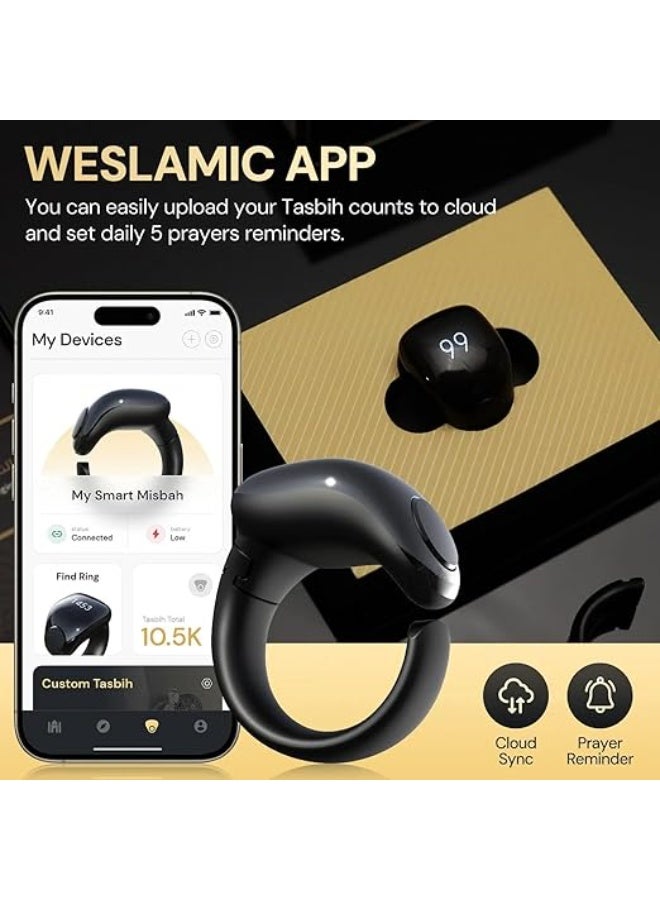 خاتم ذكري الذكي iTasbih من  – عداد ذكر رقمي بشاشة OLED، مع تطبيق هاتف، تنبيهات الأذان والصلاة، مقاسين قابلين للتغيير (مم22 ومم20)، شحن مغناطيسي، مقاوم للماء، مزامنة عبر البلوتوث لنظامي iOS و أندرويد – رفيق الصلاة الأسود الأنيق - Image 1