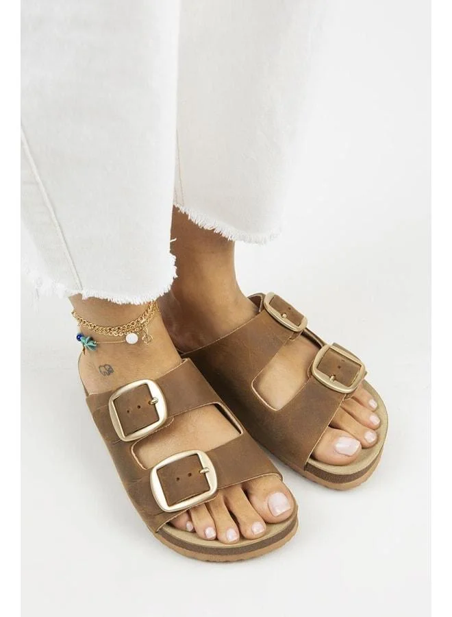 Manijero  Irene Vintage Women's Genuine Leather Double Buckle Coffee Gold Slippers - Brown for Women | Best Price UAE