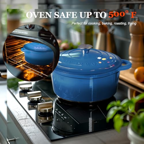 Overmont وعاء داتش أوفن من أوفermont مطلي بالمينا - وعاء سعة 4.5QT مع غطاء وكتاب طبخ وقبعات قطنية - أدوات طهي ثقيلة لتحضير الأطعمة المطبوخة، الحساء، الشواء، وخبز الخبز باللون الأزرق - Image 4