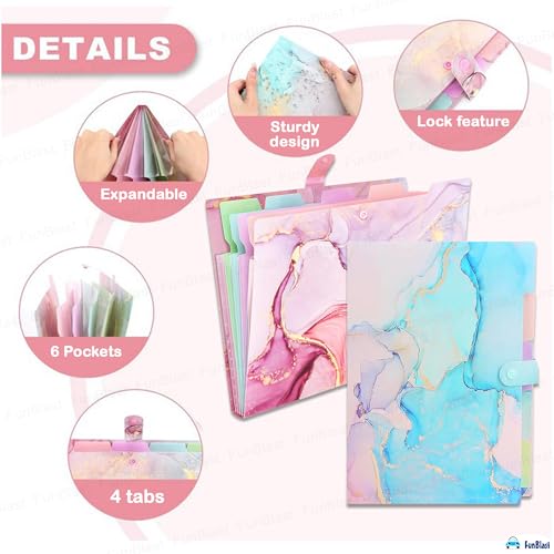 FunBlast File Folder with Button Lock – Pack of 2 Pcs; Marble Pattern A4 Size Certificates Holder with 6 Pockets, Office Documents File, Expandable Folders for Documents - Image 4