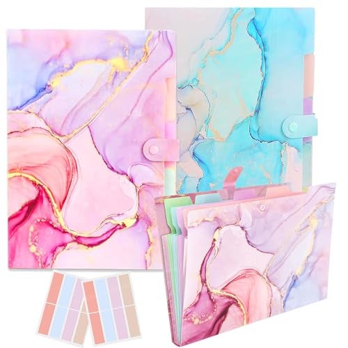 FunBlast File Folder with Button Lock – Pack of 2 Pcs; Marble Pattern A4 Size Certificates Holder with 6 Pockets, Office Documents File, Expandable Folders for Documents - Image 1