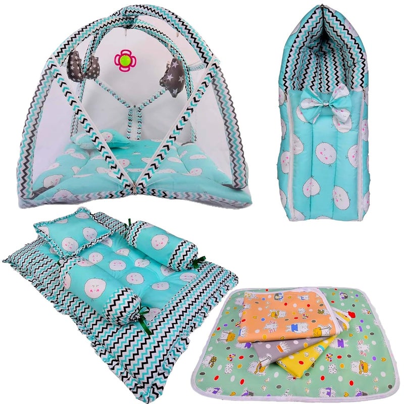 Kwitchy New Born Baby Luxury Bedding Set Play Gym Bed Gadda Set Nappy Changing Sheets Sleeping Bag Green 06 Months - Image 1