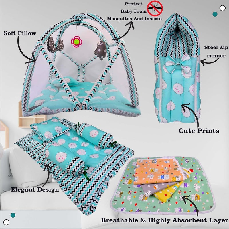 Kwitchy New Born Baby Luxury Bedding Set Play Gym Bed Gadda Set Nappy Changing Sheets Sleeping Bag Green 06 Months - Image 2