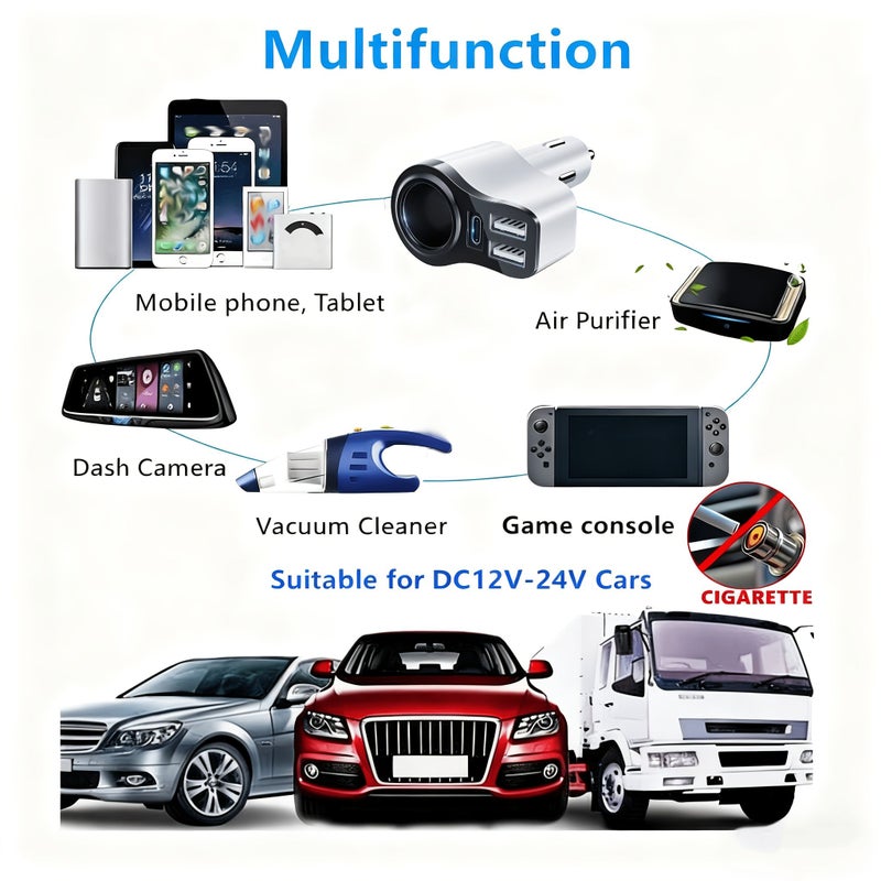 شاحن سيارة سريع USB 4 منافذ بقوة 47 واط شحن عالي السرعة PD QC 3.0 مخرج USB-A 2 ومنفذ Type C واحد محول جهد مزدوج 12V 24V متوافق مع الهواتف والأجهزة اللوحية وسماعات الأذن وكاميرات المراقبة ونظام الملاحة وجميع إلكترونيات السيارة باللونين الأسود والأبيض - Image 3