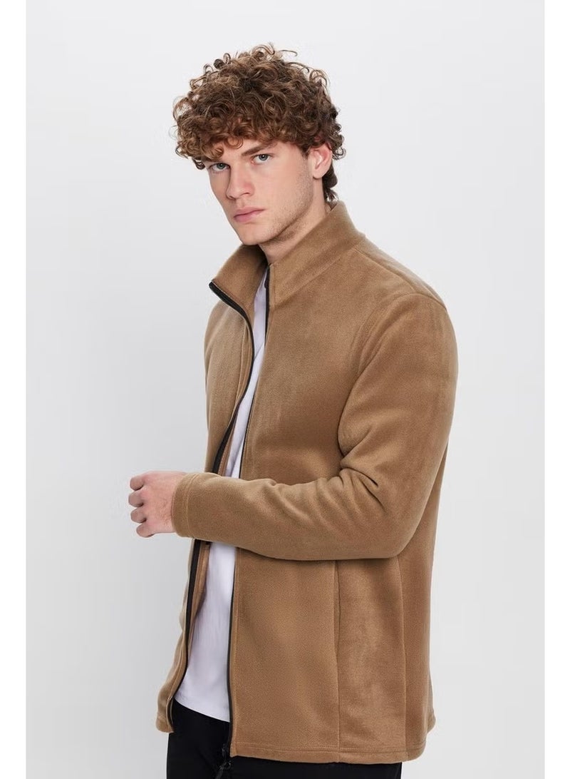 Tudors Unisex Khaki Anti-pilling Non-pilling Standard Fit Full Zipper Cold Proof Fleece Cardigan - Image 1