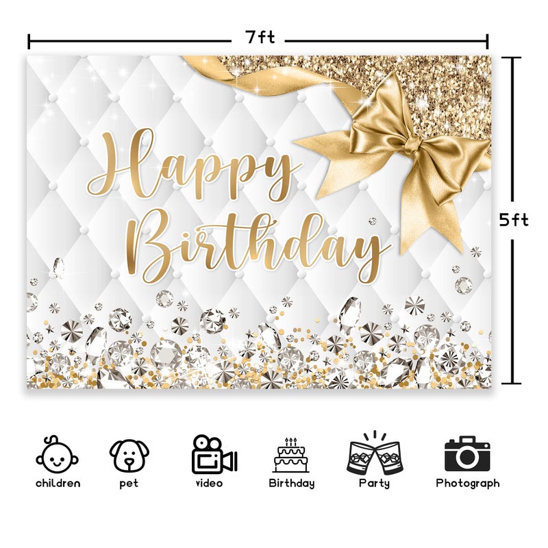 Newsely Gold and White Birthday Backdrop 7Wx5H Photography Happy Birthday Backdrop for Girls Women Diamonds Modern Luxury Elegant Bday Background Party Decorations Banner Photo Booth Props Supplies - Image 2