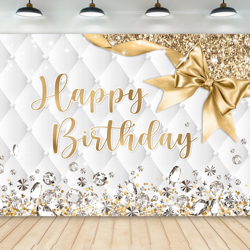 Newsely Gold and White Birthday Backdrop 7Wx5H Photography Happy Birthday Backdrop for Girls Women Diamonds Modern Luxury Elegant Bday Background Party Decorations Banner Photo Booth Props Supplies - Image 1