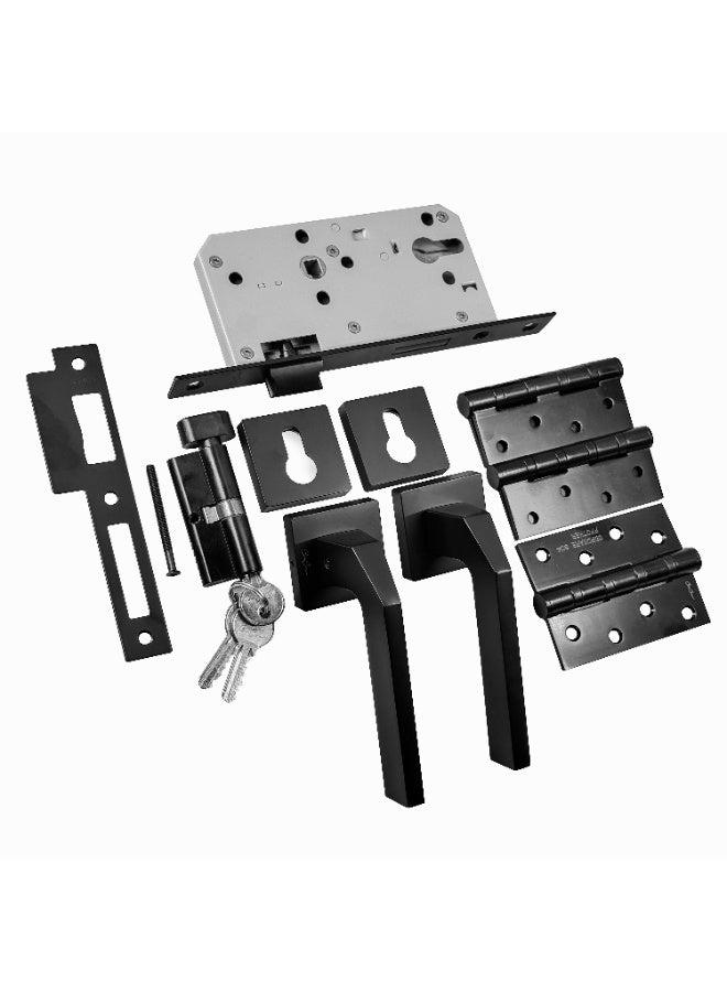 CINCINNO Geminus Premium Zinc Door Lock Set – Complete Door Handle Kit with Lock Body, Cylinder, Hinges, Escutcheon, Striker Plate, Keys – Secure & Stylish for Home and Office Doors (Matt Black) - Image 1