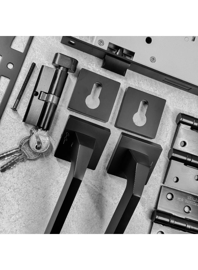 CINCINNO Geminus Premium Zinc Door Lock Set – Complete Door Handle Kit with Lock Body, Cylinder, Hinges, Escutcheon, Striker Plate, Keys – Secure & Stylish for Home and Office Doors (Matt Black) - Image 4