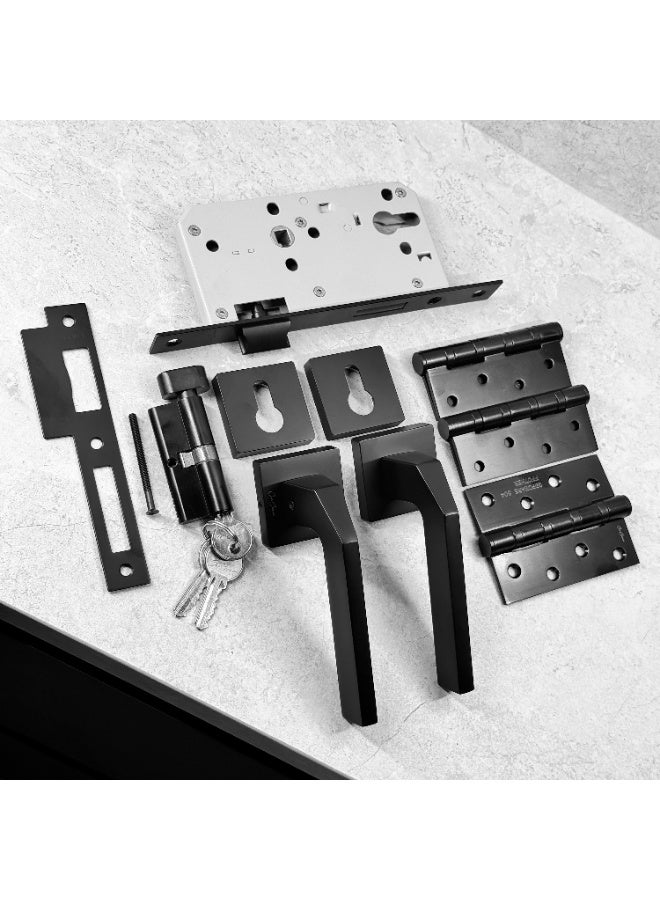 CINCINNO Geminus Premium Zinc Door Lock Set – Complete Door Handle Kit with Lock Body, Cylinder, Hinges, Escutcheon, Striker Plate, Keys – Secure & Stylish for Home and Office Doors (Matt Black) - Image 5