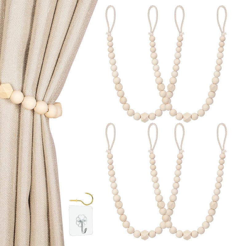 Wood Bead Curtain Tiebacks KLOGTSIND Set of 4 Curtain Holdbacks for Thin or Thick Window Draperies Boho Farmhouse Curtain Tiebacks with Hooks Curtain Tie Backs for Home Office Room Decor