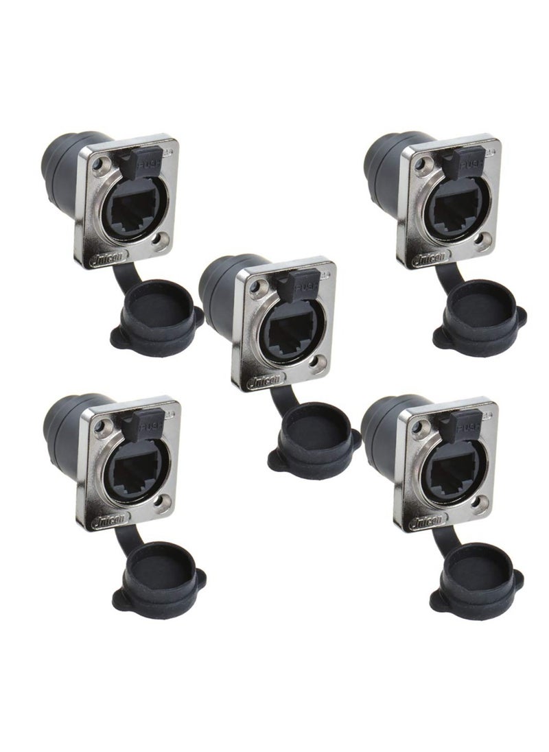Generic - RJ45 Waterproof Connector Panel Mount IP65 PCB Signal Cat5/5e/6 8P8C Ethernet LAN Cable Double Head Coupler Adapter with Dust Cap 90 Degree Vertical Pack of Five - Image 1