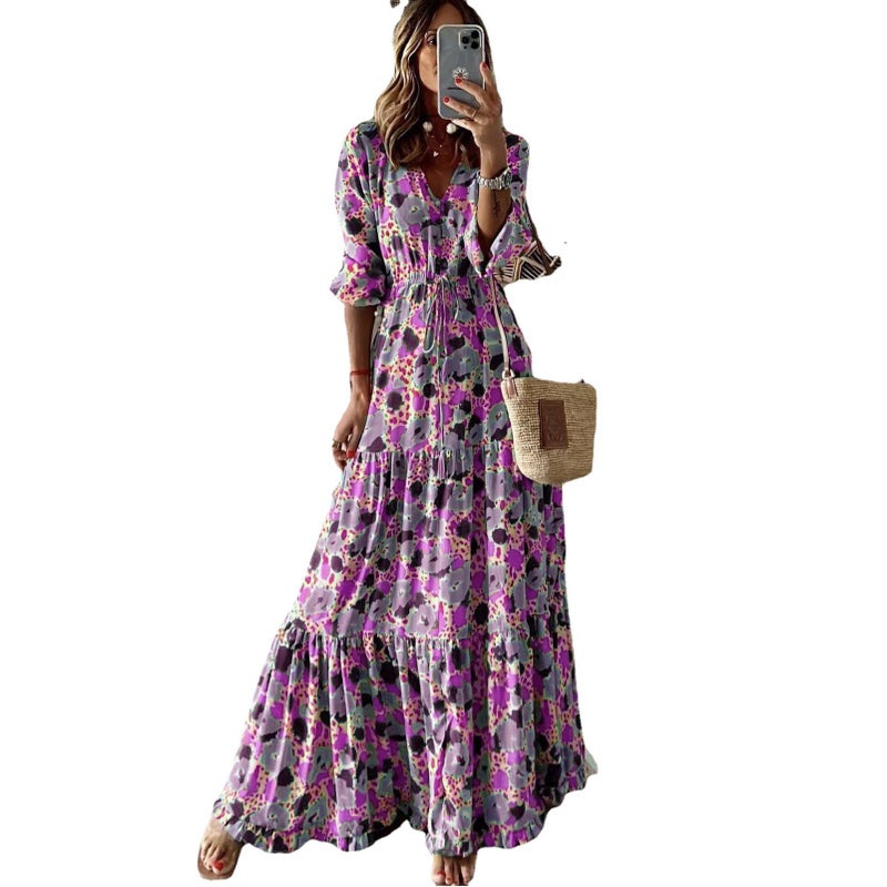 Women's V-Neck Printed Maxi Dress Flared Long Dress - Image 4