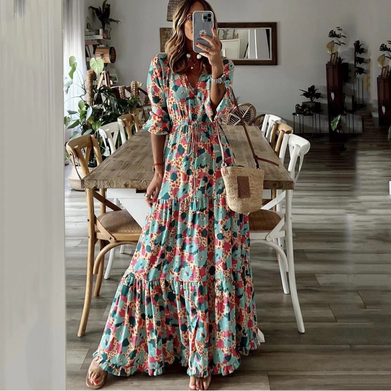 Women's V-Neck Printed Maxi Dress Flared Long Dress - Image 1