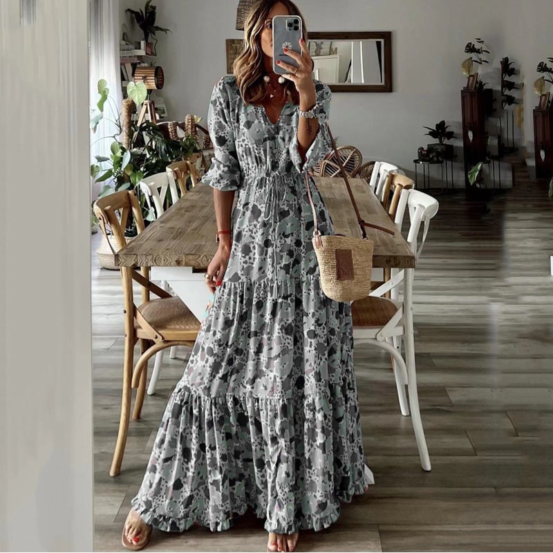 Women's V-Neck Printed Maxi Dress Flared Long Dress - Image 5