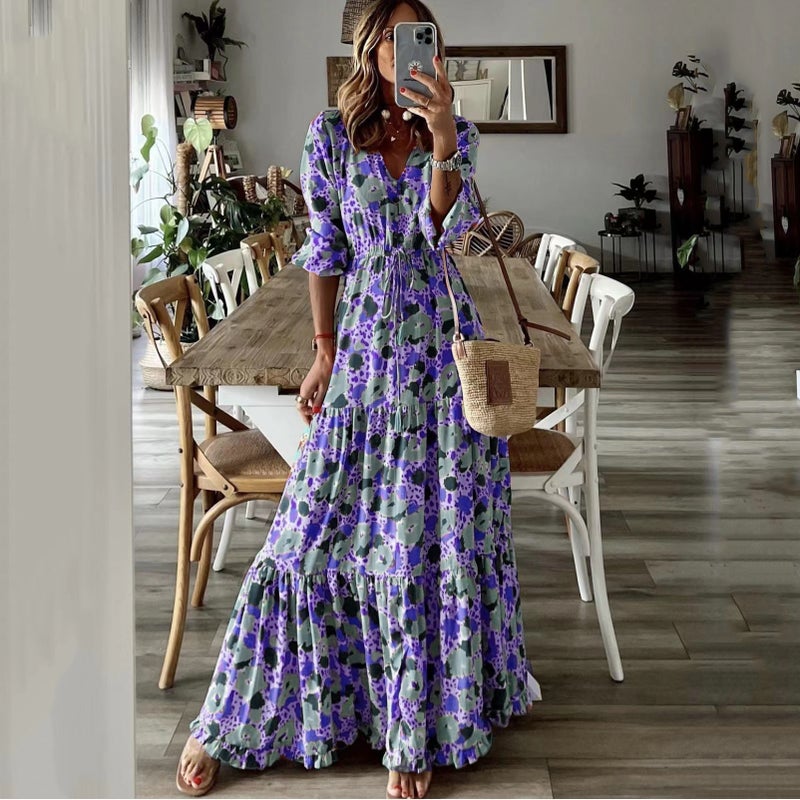 Women's V-Neck Printed Maxi Dress Flared Long Dress - Image 3
