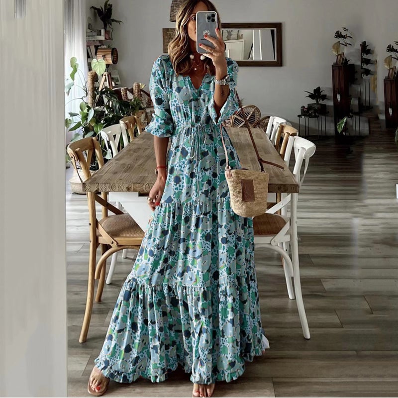 Women's V-Neck Printed Maxi Dress Flared Long Dress - Image 2