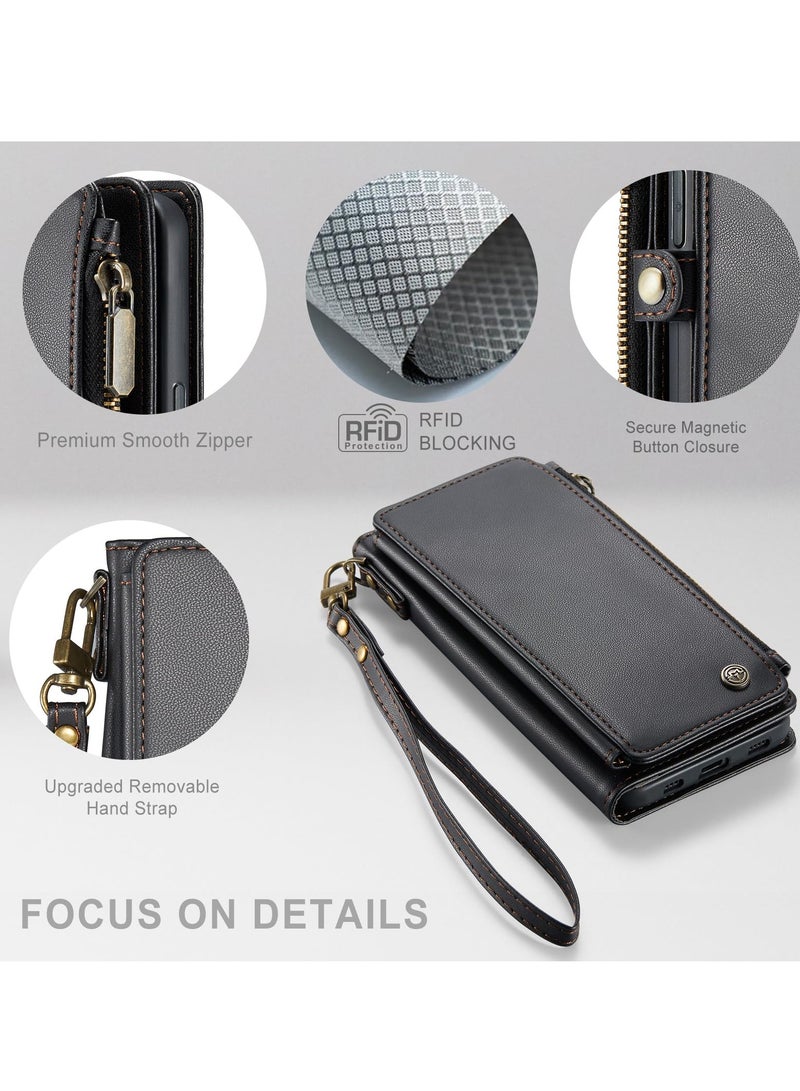 KASTWAVE For iPhone 15 Pro Max Phone Case with Card Holder, Zipper PU Leather Protective Phone Cover, Blocking iPhone 15 Pro Max Wallet Case, Suitable for Women Men (Black)  - Image 5