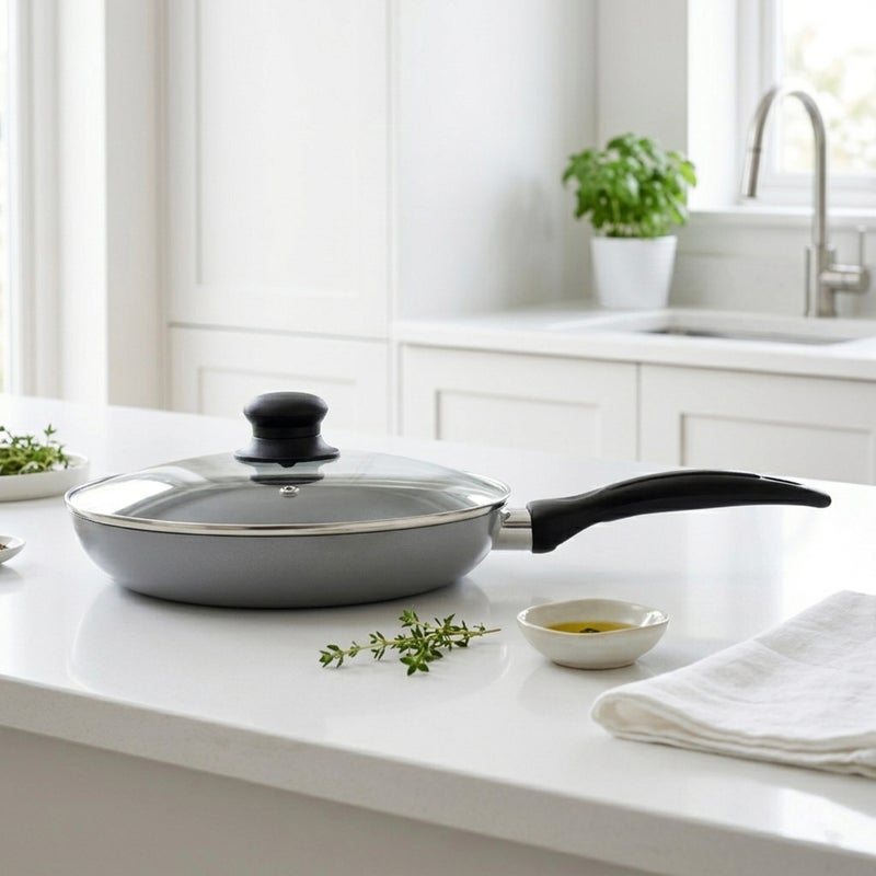 Wilson Non Stick Fry Pan with Glass Lid 26cm, Grey, Aluminium Cooking Pan, Induction & Gas Compatible, Scratch Resistant Coating, Cool Touch Handle, Healthy Low Oil Kitchen Cookware - Image 2