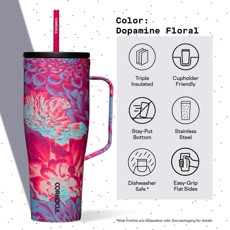 CORKCICLE كوب كورتككل XL - كوب معزول بمقبض - يحافظ على المشروبات باردة لمدة 12 ساعة - ثلاثي العزل - غطاء مقاوم للتسرب - هدية لمشروبات الصيف - يحافظ على المشروبات مثلجة - 30 أونصة - دوپامين فلورال - Image 4