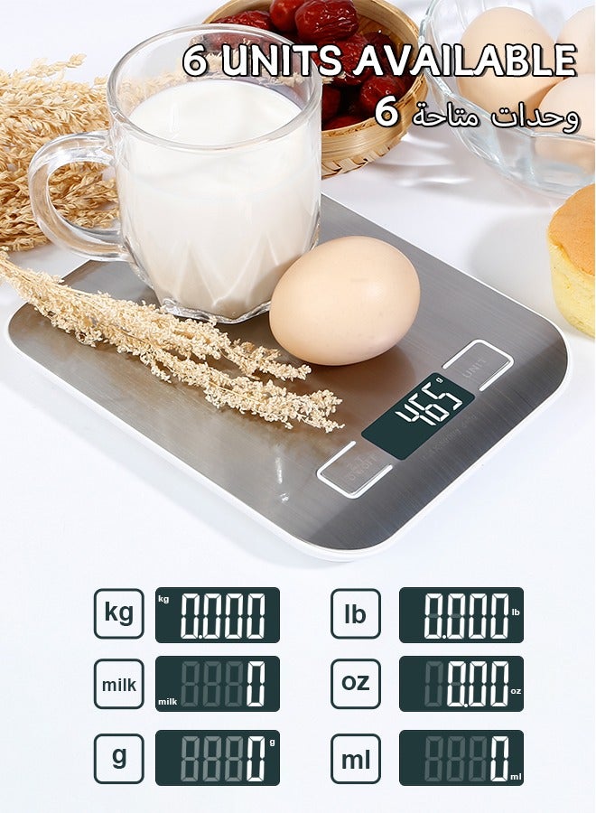 ميزان مطبخ رقمي دقيق 5 كجم قابل لإعادة الشحن مع شحن USB من النوع C وشاشة LCD، ميزان طعام من الفولاذ المقاوم للصدأ باللون الفضي للطهي والخبز بوحدات جم/أونصة/رطل/مل - Image 2