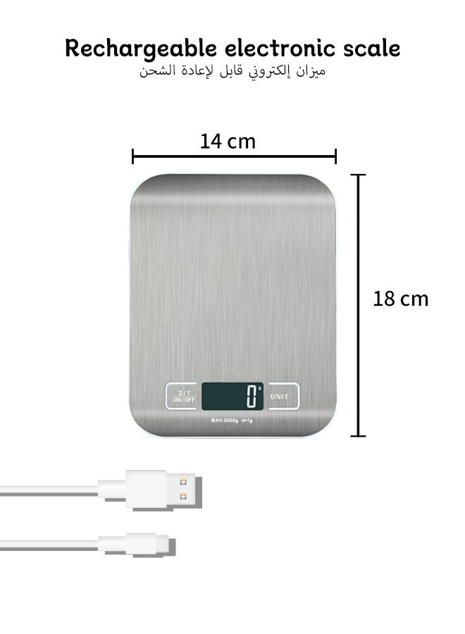 ميزان مطبخ رقمي دقيق 5 كجم قابل لإعادة الشحن مع شحن USB من النوع C وشاشة LCD، ميزان طعام من الفولاذ المقاوم للصدأ باللون الفضي للطهي والخبز بوحدات جم/أونصة/رطل/مل - Image 4