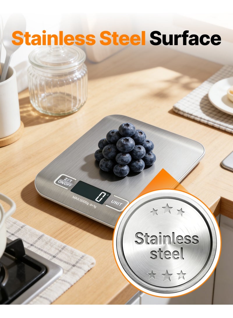 BASILKIT 5kg Precision Digital Kitchen Scale Rechargeable with USB Type-C Charging & LCD Display, Stainless Steel Food Scale in Silver for Cooking Baking with g/oz/lb/ml Units - Image 4