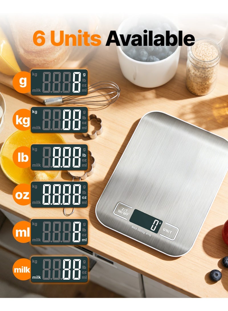 BASILKIT 5kg Precision Digital Kitchen Scale Rechargeable with USB Type-C Charging & LCD Display, Stainless Steel Food Scale in Silver for Cooking Baking with g/oz/lb/ml Units - Image 3
