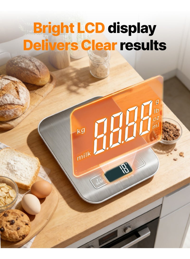 BASILKIT 5kg Precision Digital Kitchen Scale Rechargeable with USB Type-C Charging & LCD Display, Stainless Steel Food Scale in Silver for Cooking Baking with g/oz/lb/ml Units - Image 5